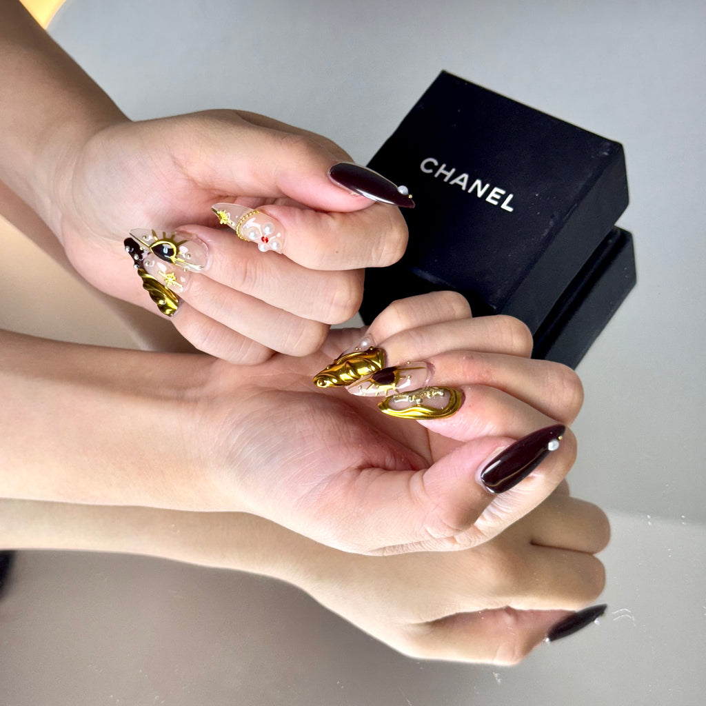 Royal Burgundy & Gold Nail Set – Luxury Press-On Nails with Pearl Accents