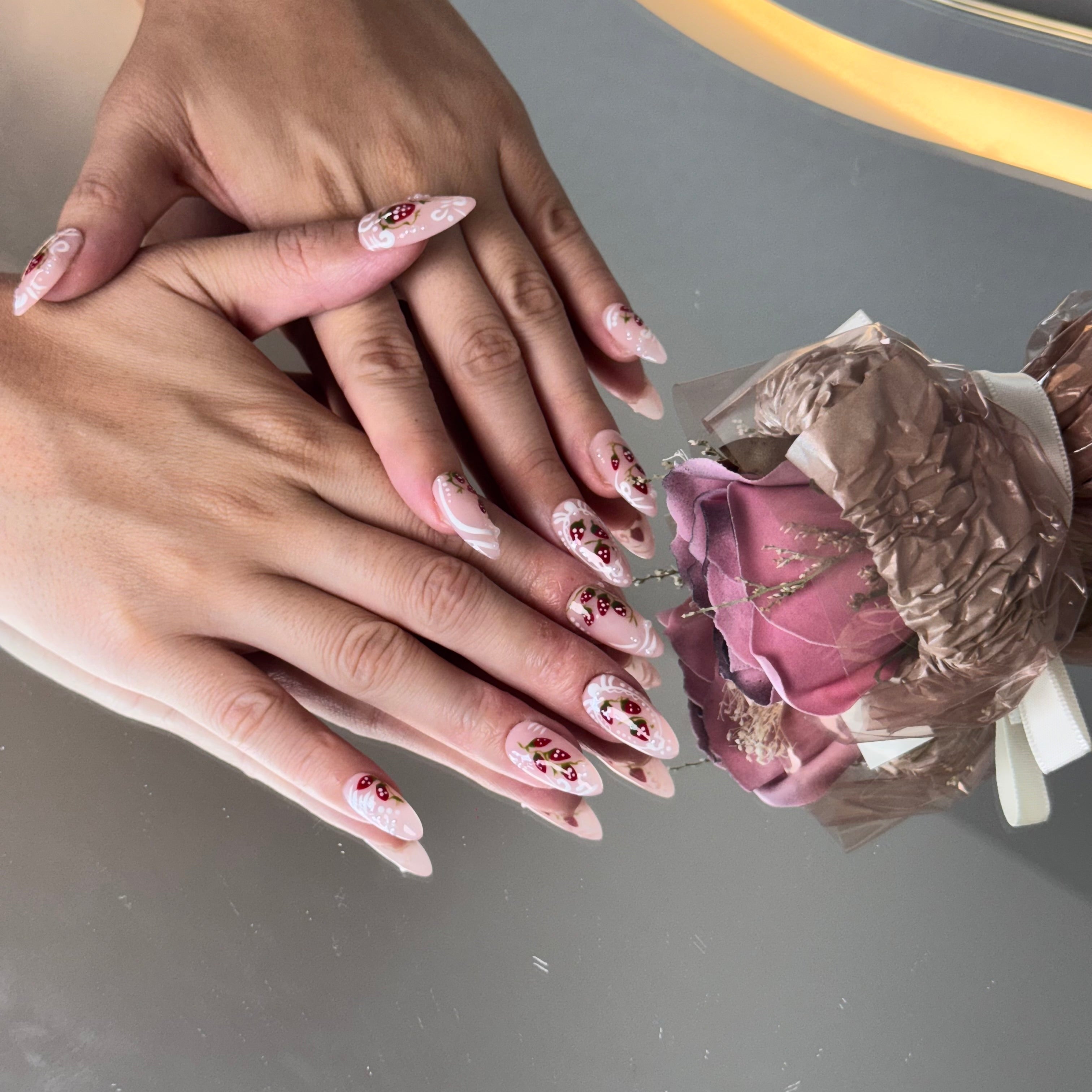 Strawberry Milk Nail Set – Cute Pink Press-On Nails with Berry Design