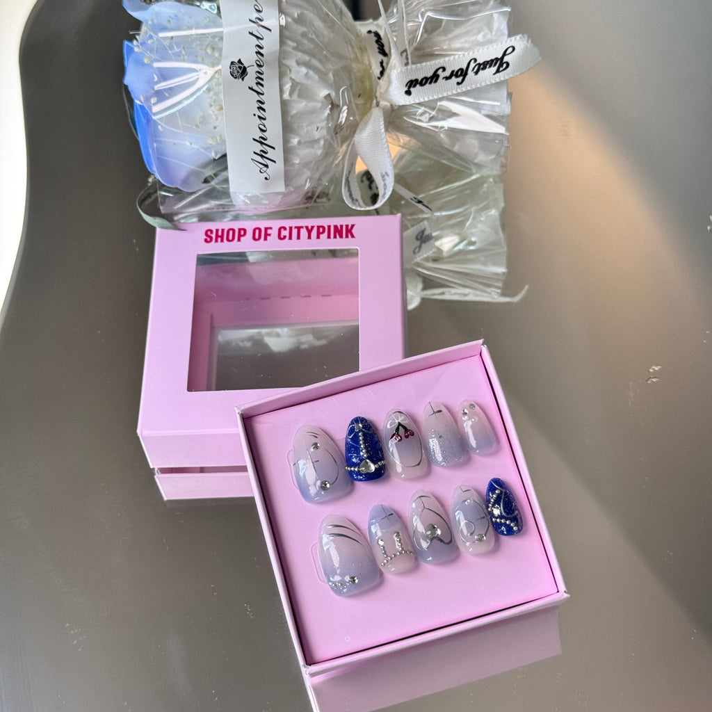 Blue Rose Crystal Nail Set – Elegant White & Navy Press-On Nails