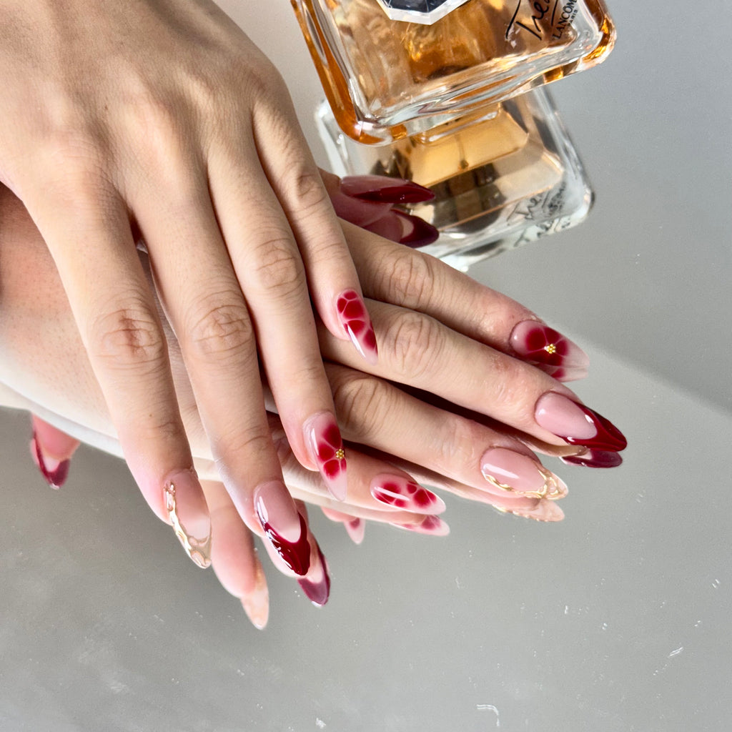 Pink & Wine Red Floral Nail Set – Elegant Press-On Nails with Gold Details