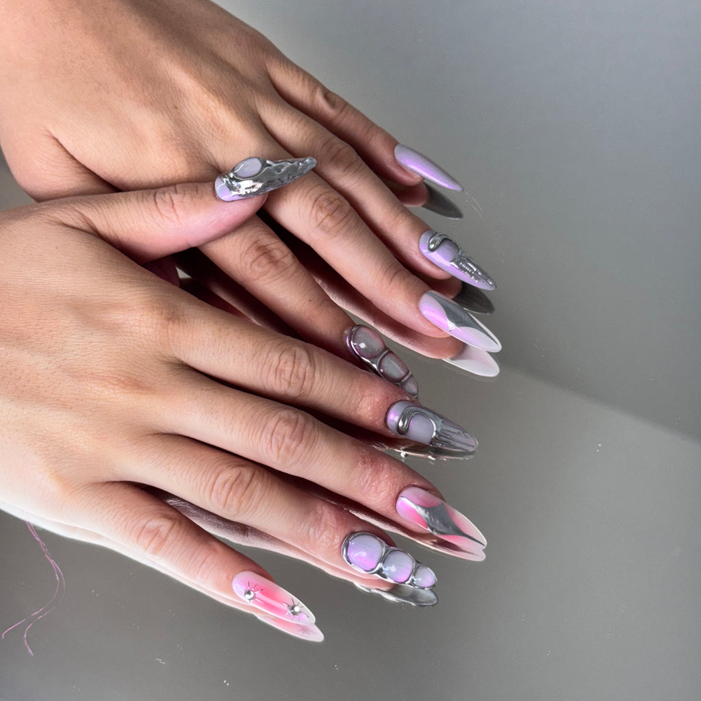 Holographic Chrome Nail Set – Pink & Purple Galaxy Press-On Nails