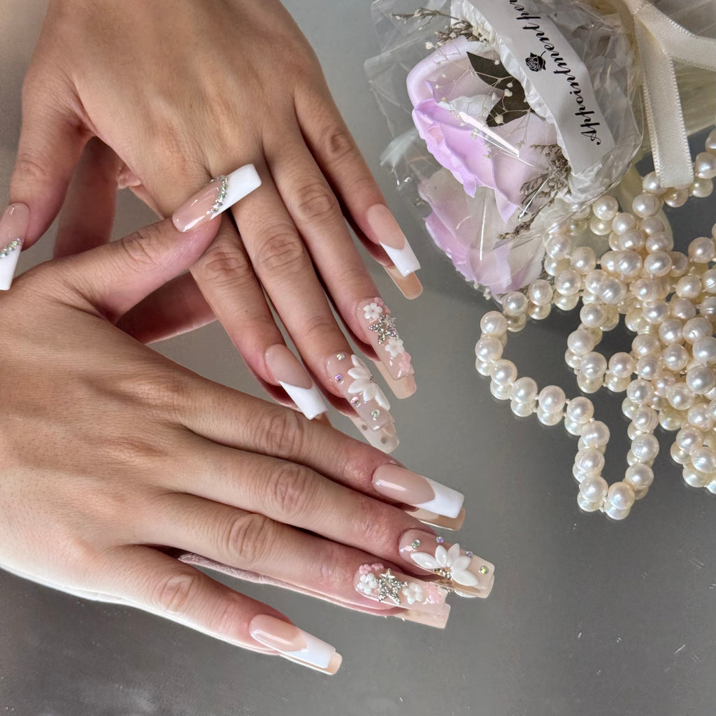 Bridal Floral French Nail Set – Nude Pink Press-On Nails with 3D Flowers & Rhinestones