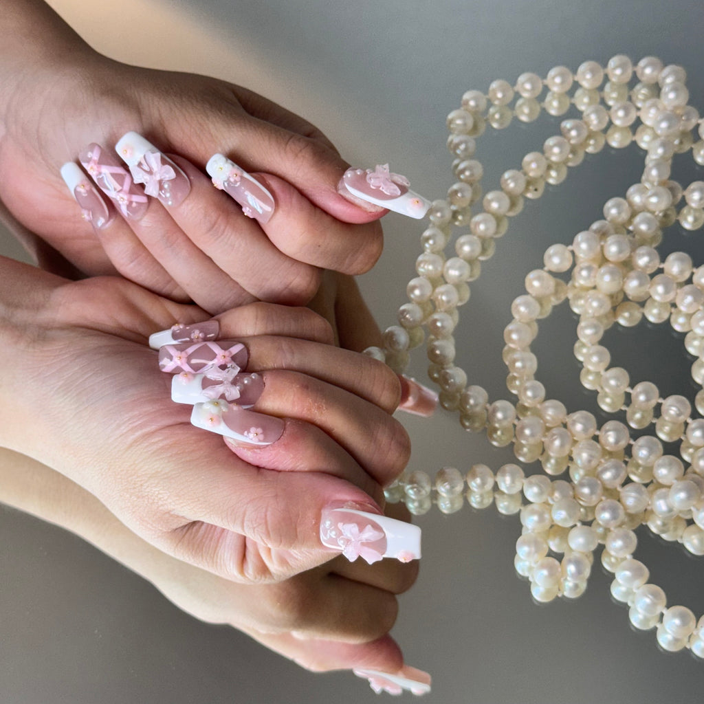 Pink Ribbon & Pearl Nail Set – Cute Bow Press-On Nails