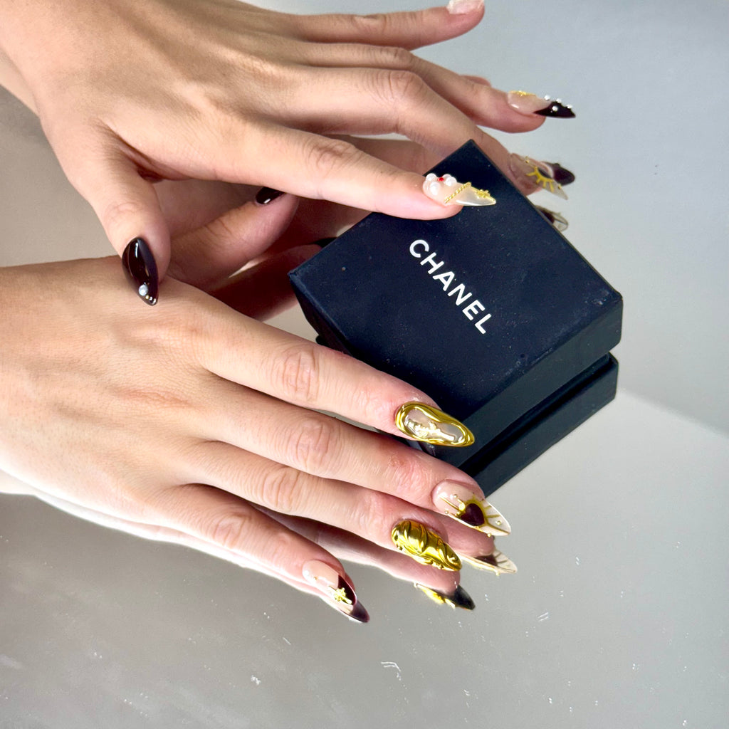 Royal Burgundy & Gold Nail Set – Luxury Press-On Nails with Pearl Accents