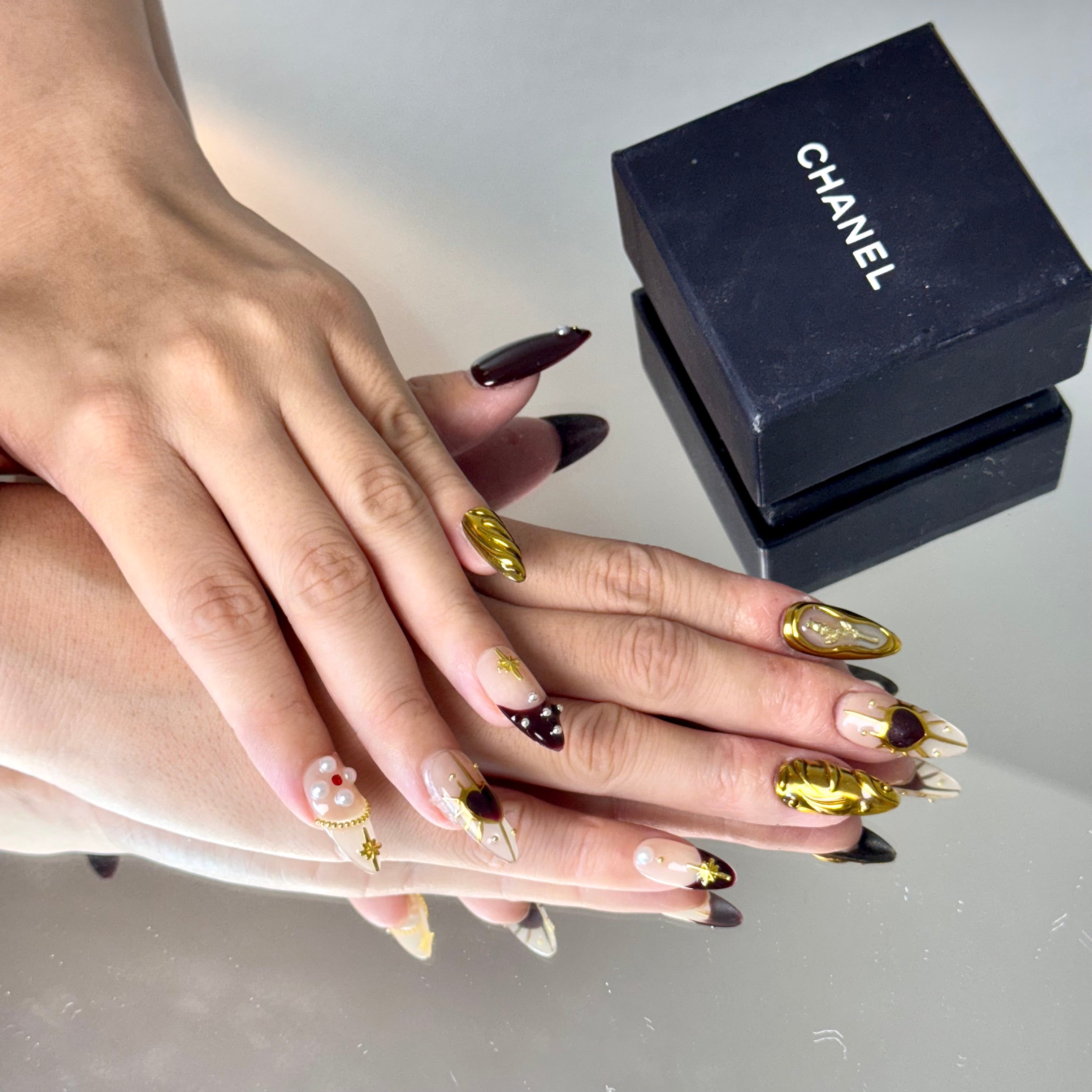 Royal Burgundy & Gold Nail Set – Luxury Press-On Nails with Pearl Accents