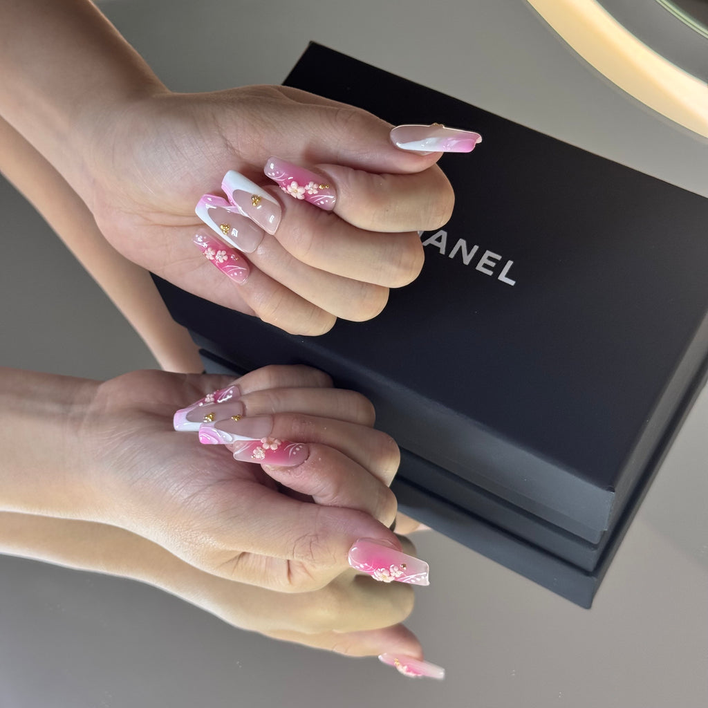 Elegant Pink Blossom French 3D Press-On Nails