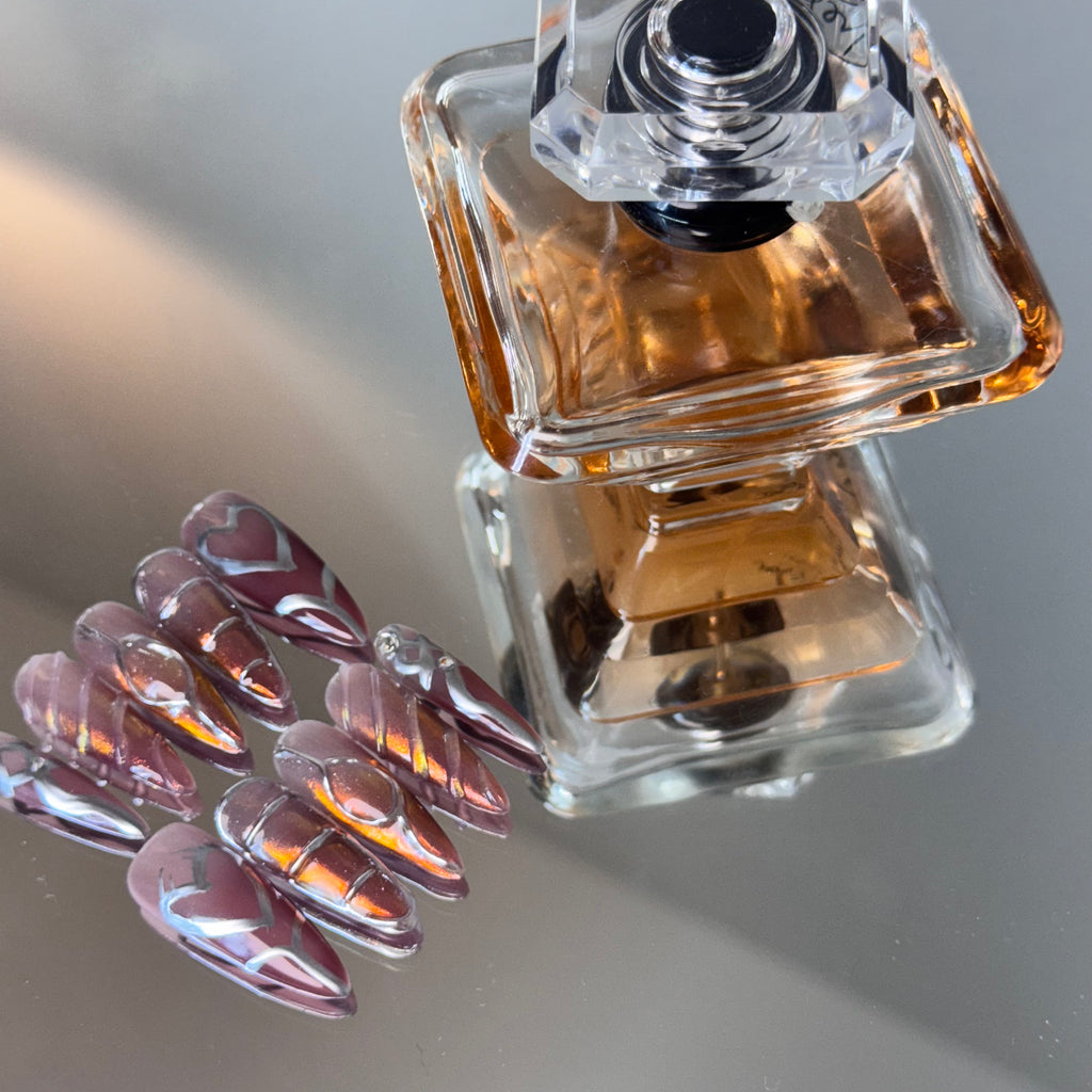 Burgundy Chrome Heart Nail Set – Edgy Press-On Nails with Metallic Shine
