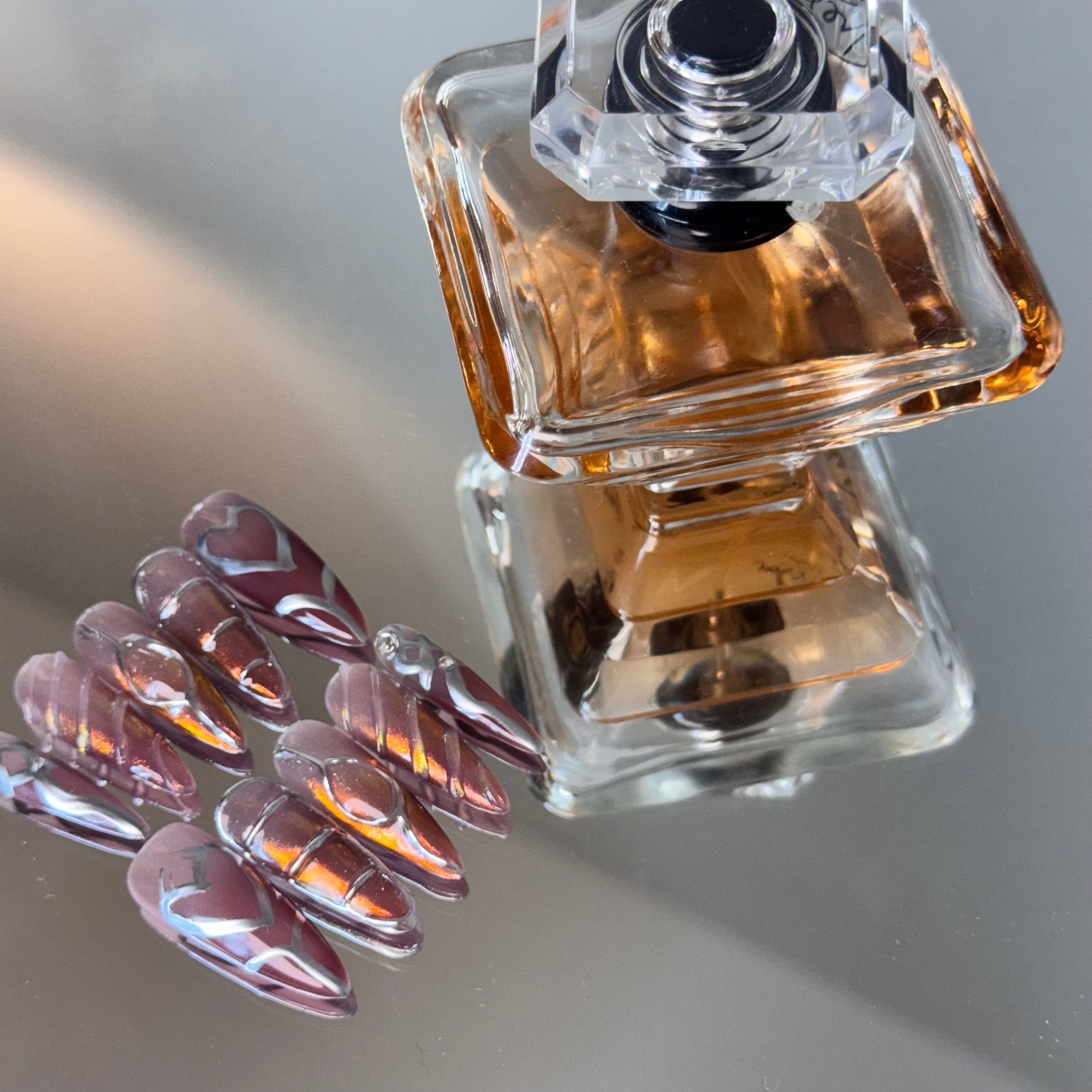 Burgundy Chrome Heart Nail Set – Edgy Press-On Nails with Metallic Shine