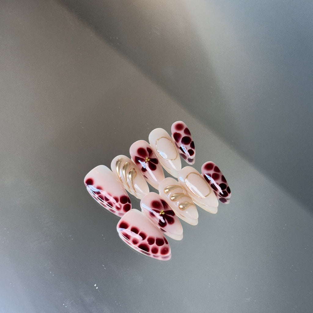 Wine Red Floral Nail Set – Elegant Press-On Nails with Gold Accents