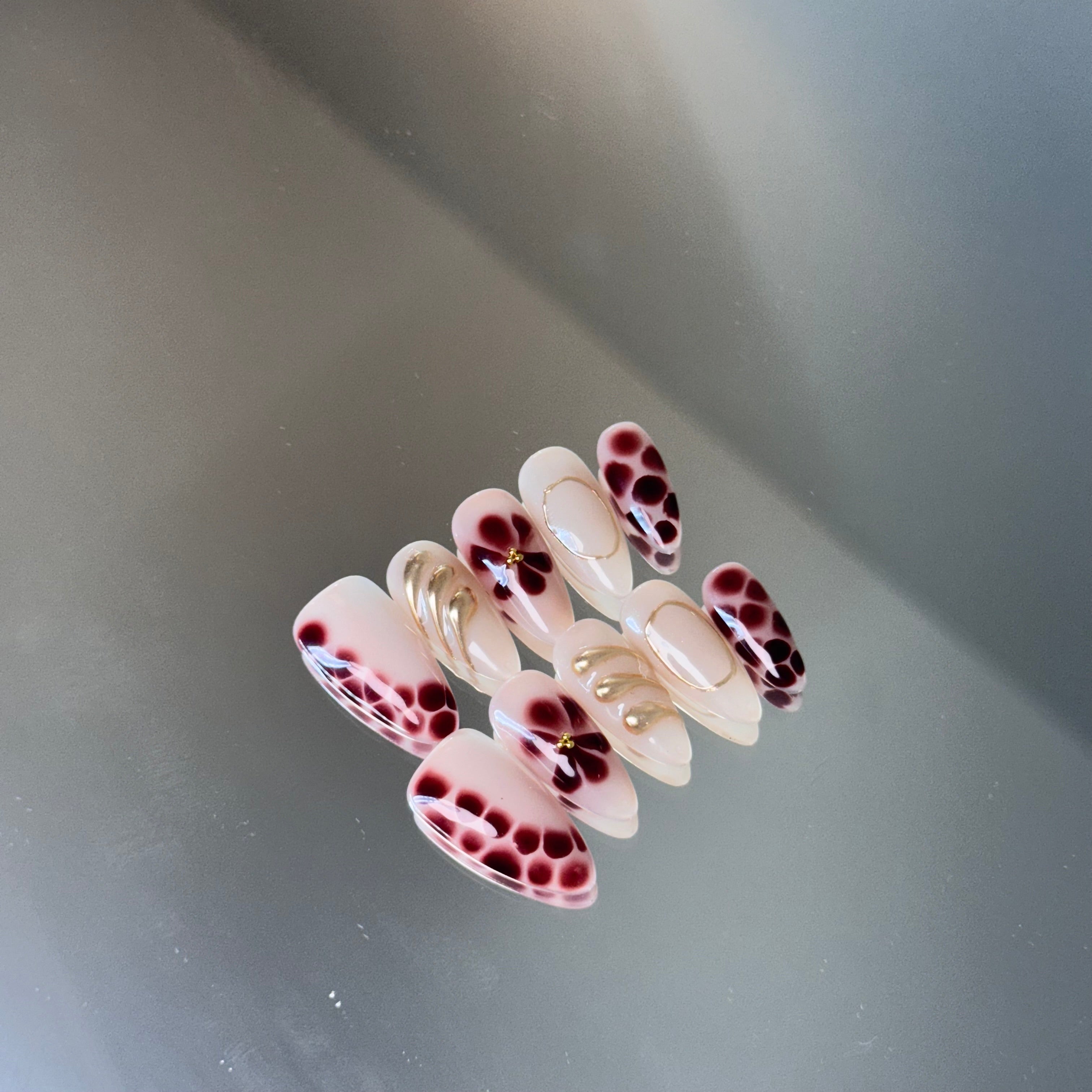 Wine Red Floral Nail Set – Elegant Press-On Nails with Gold Accents