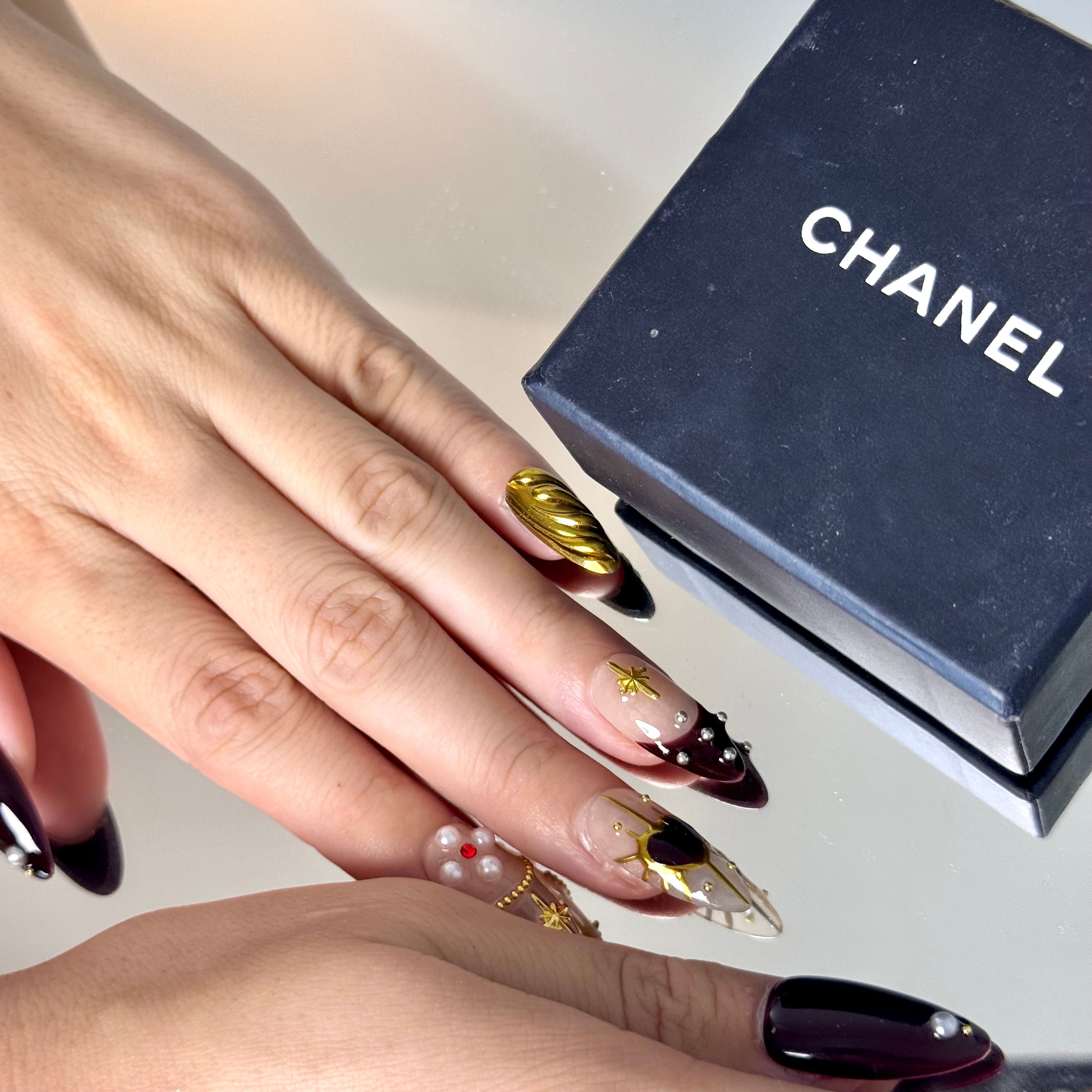 Royal Burgundy & Gold Nail Set – Luxury Press-On Nails with Pearl Accents