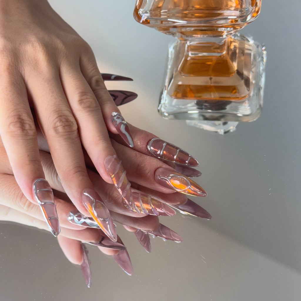 Burgundy Chrome Heart Nail Set – Edgy Press-On Nails with Metallic Shine
