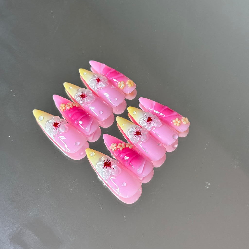 Tropical Blossom Press-On Nails – Pink & Yellow Ombre with 3D Flowers