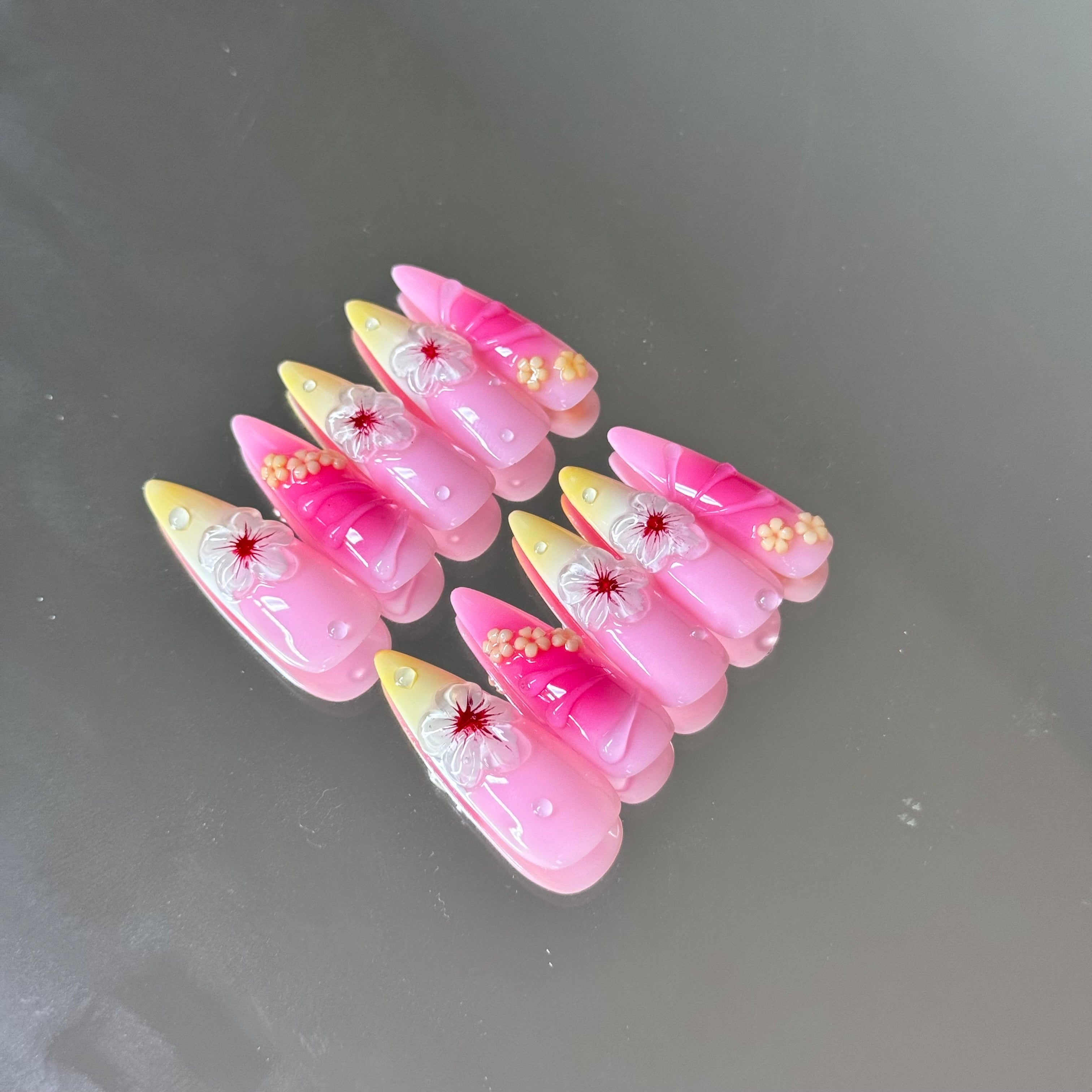 Tropical Blossom Press-On Nails – Pink & Yellow Ombre with 3D Flowers
