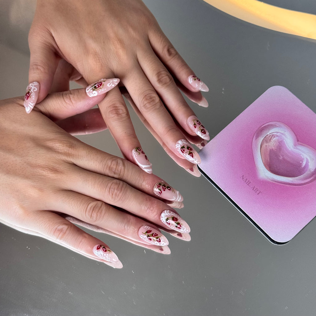 Strawberry Milk Nail Set – Cute Pink Press-On Nails with Berry Design