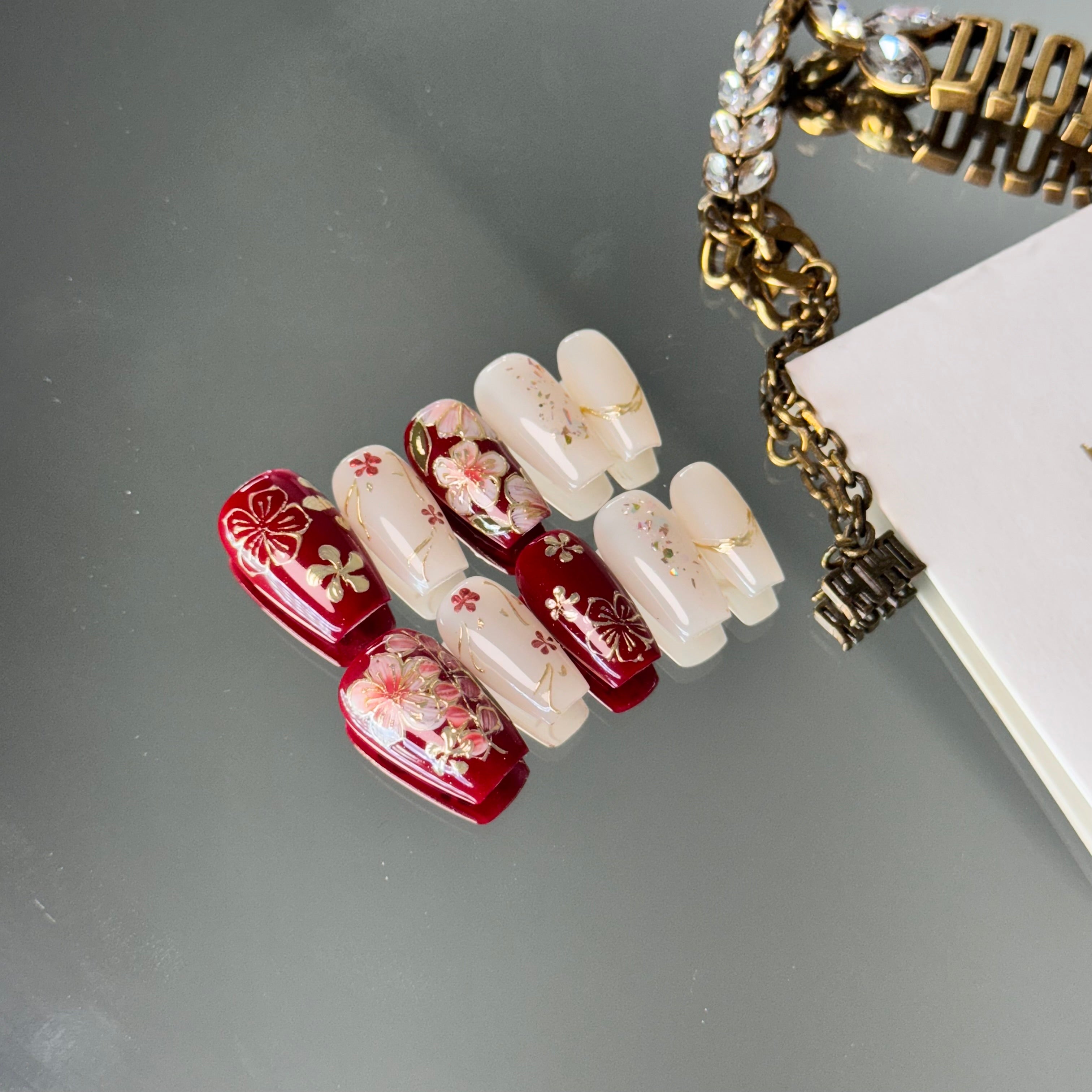 Oriental Red & Ivory Floral Press-On Nails