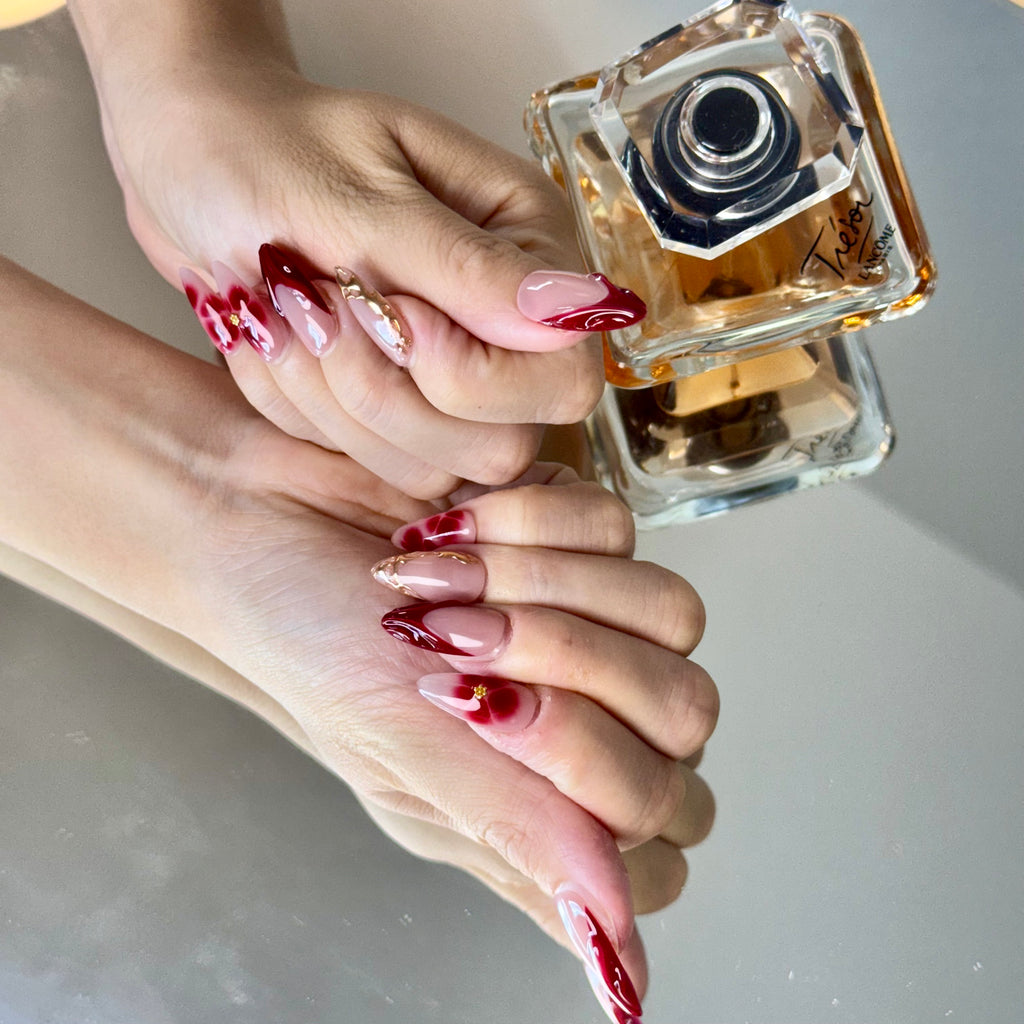 Pink & Wine Red Floral Nail Set – Elegant Press-On Nails with Gold Details
