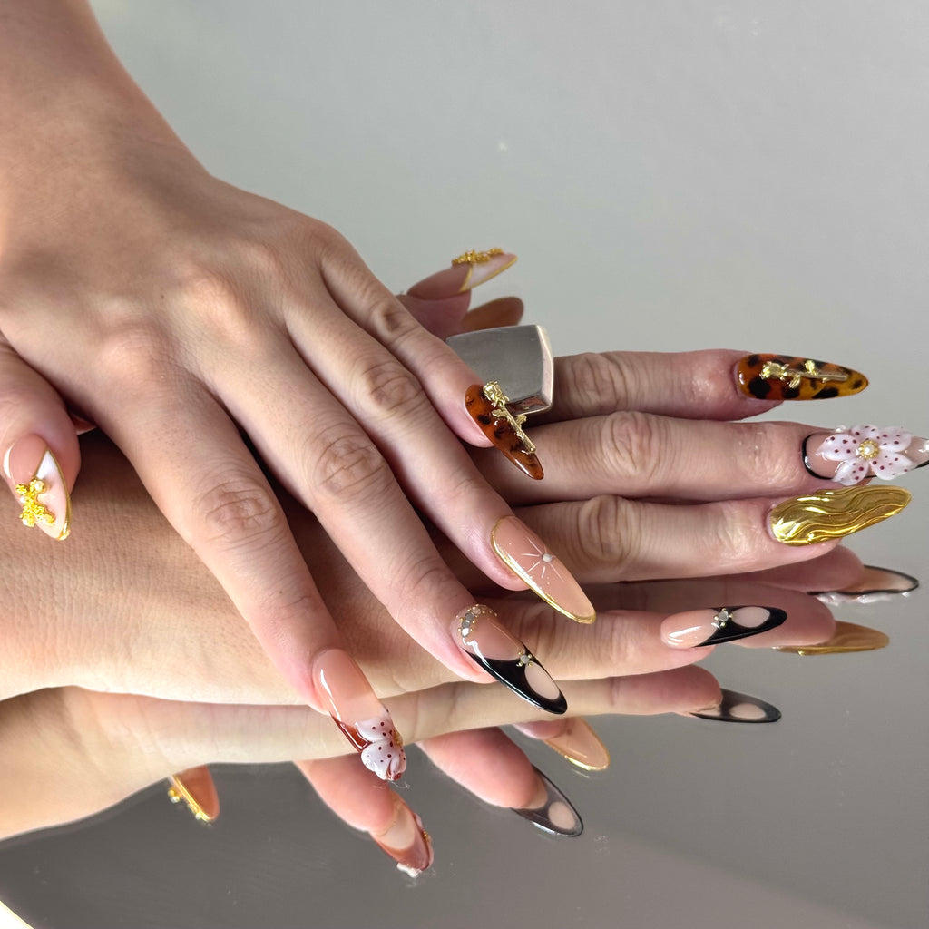 Luxury Tortoise & Gold Press-On Nails – 3D Floral & Metallic Design