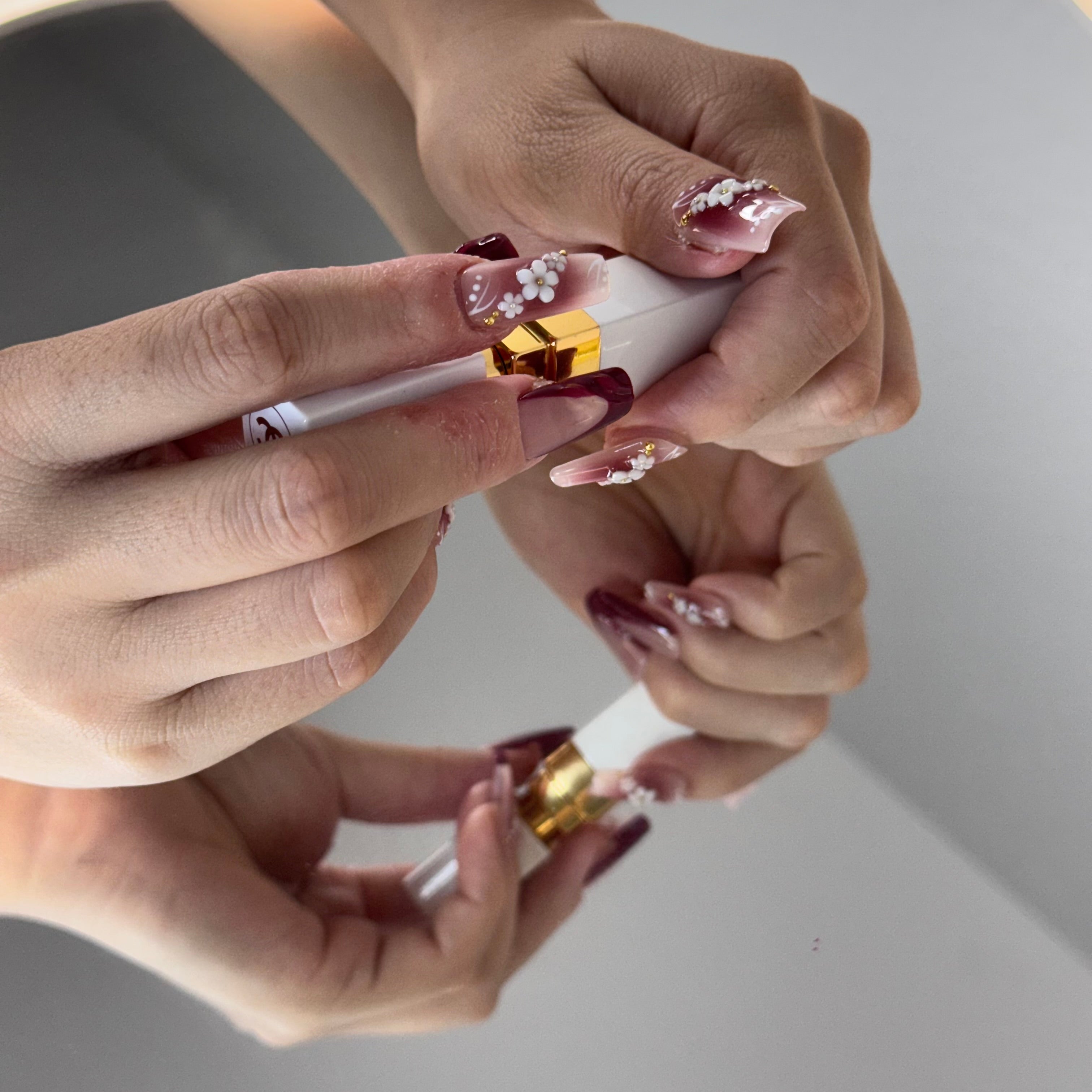 Wine Red Blossom Gradient Press-On Nails