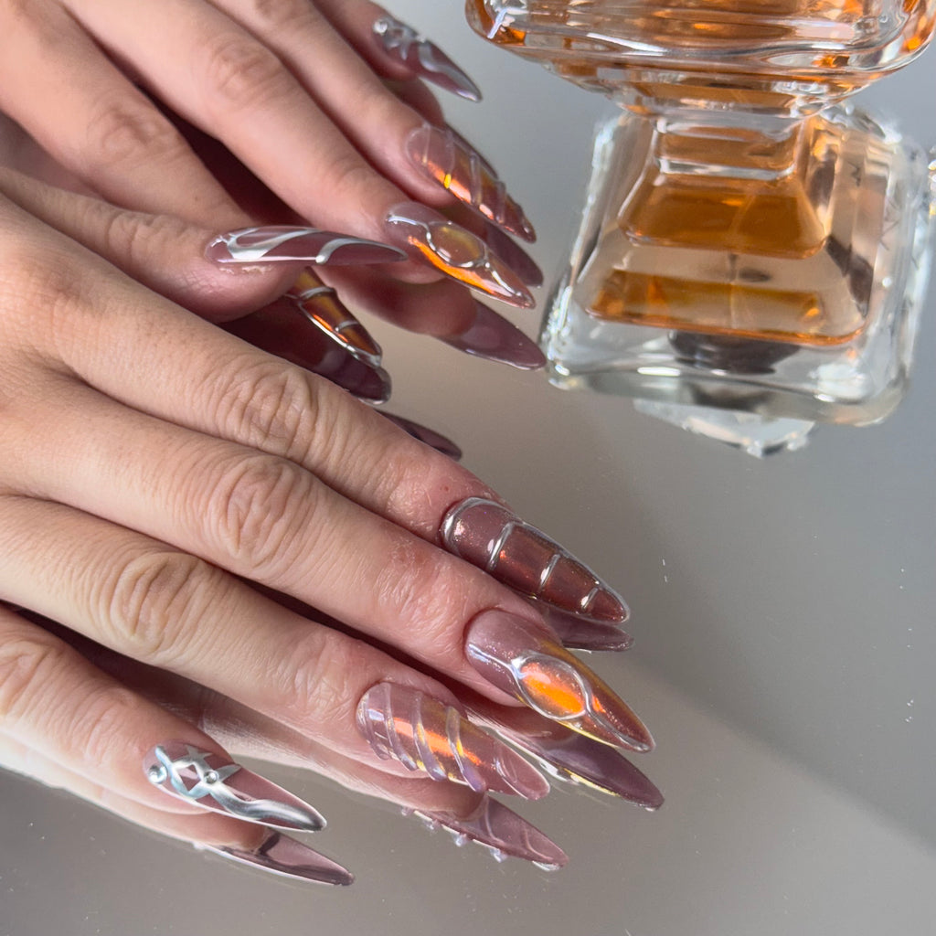 Burgundy Chrome Heart Nail Set – Edgy Press-On Nails with Metallic Shine