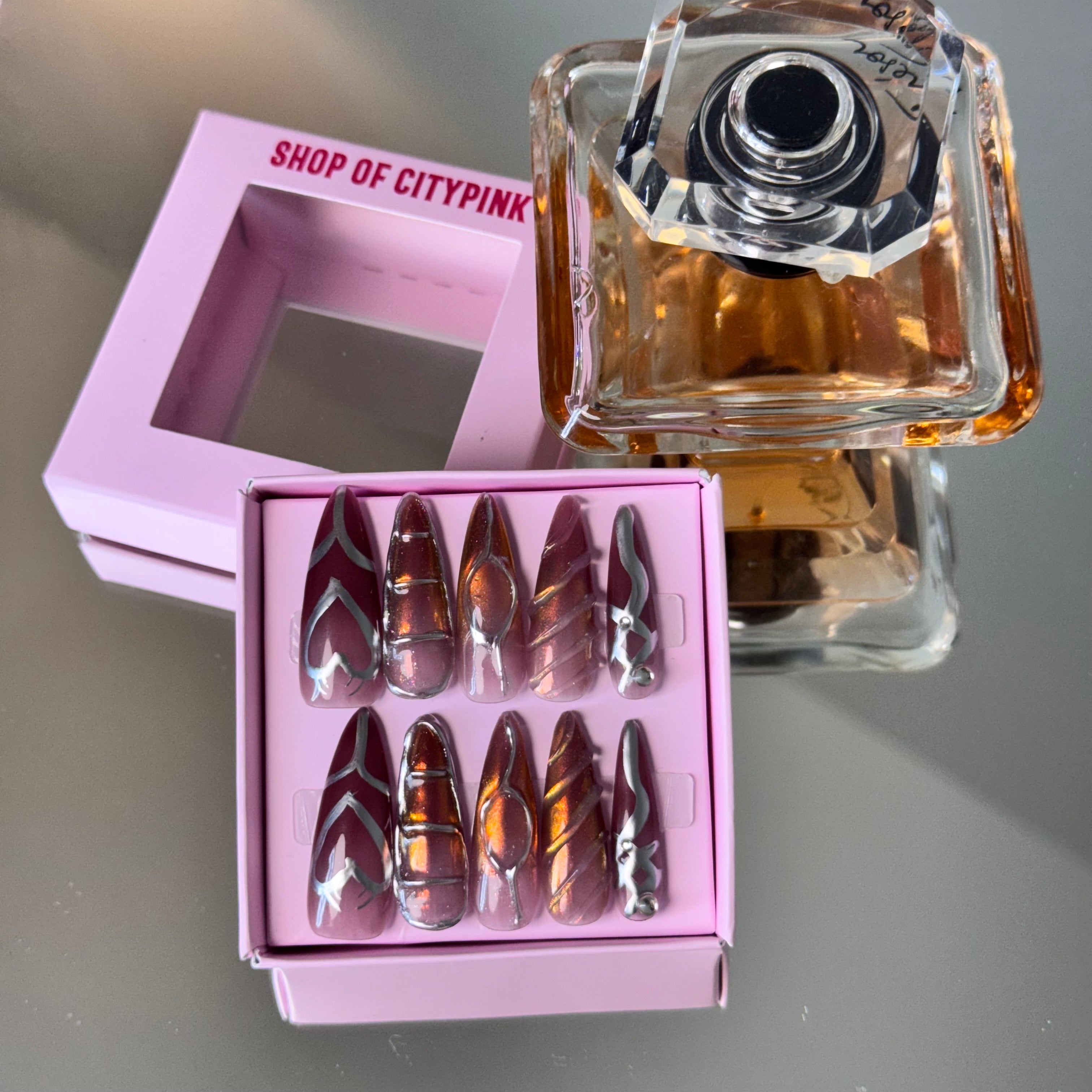 Burgundy Chrome Heart Nail Set – Edgy Press-On Nails with Metallic Shine