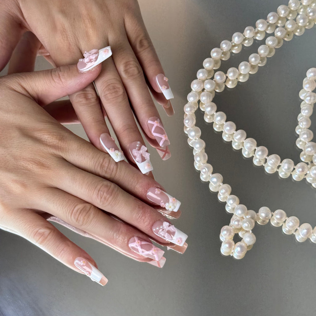 Pink Ribbon & Pearl Nail Set – Cute Bow Press-On Nails