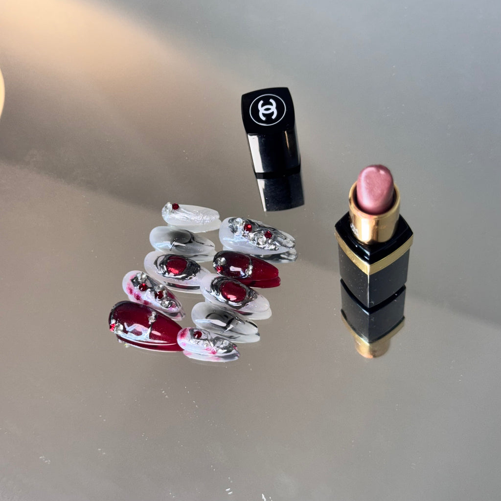 Luxury Red & Silver Gem Press-On Nails – Elegant Almond Shape