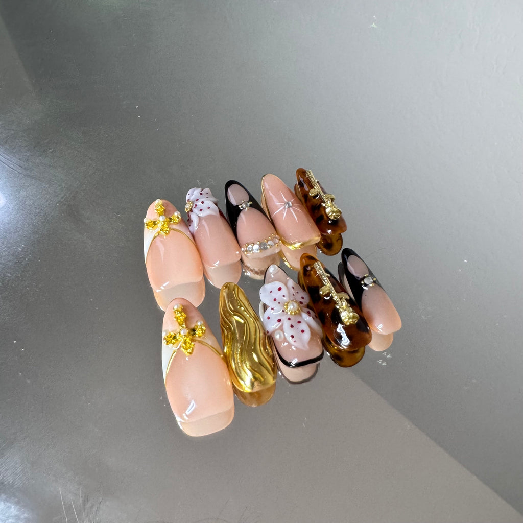 Luxury Tortoise & Gold Press-On Nails – 3D Floral & Metallic Design