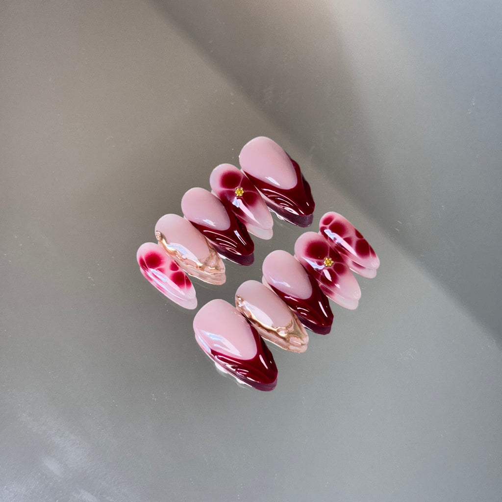 Pink & Wine Red Floral Nail Set – Elegant Press-On Nails with Gold Details