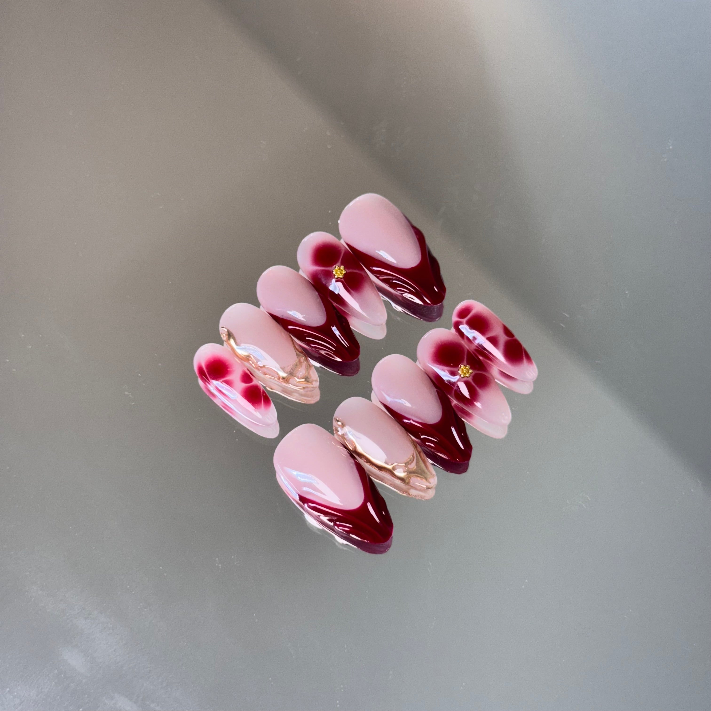 Pink & Wine Red Floral Nail Set – Elegant Press-On Nails with Gold Details