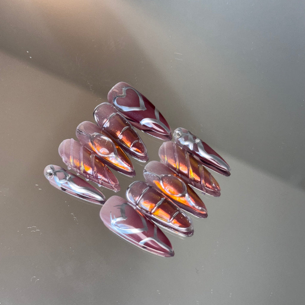 Burgundy Chrome Heart Nail Set – Edgy Press-On Nails with Metallic Shine