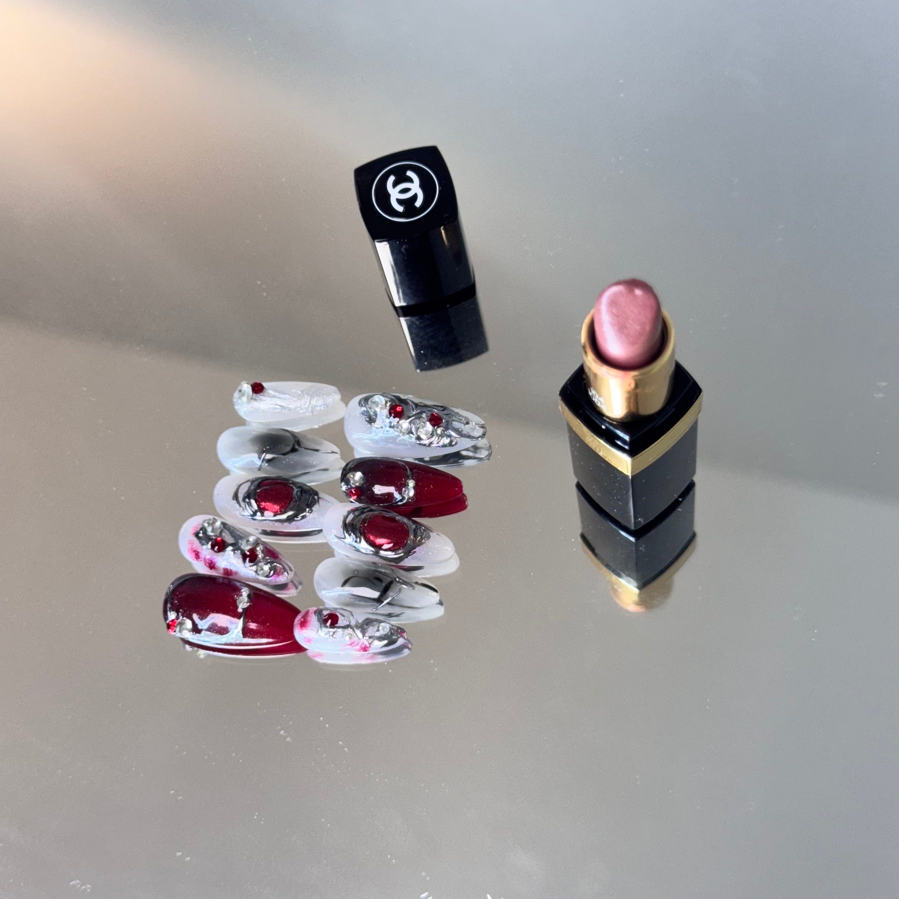 Luxury Red & Silver Gem Press-On Nails – Elegant Almond Shape