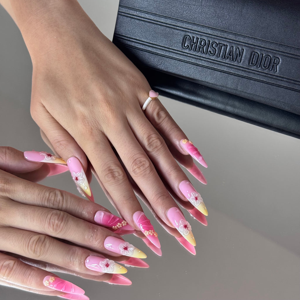 Tropical Blossom Press-On Nails – Pink & Yellow Ombre with 3D Flowers