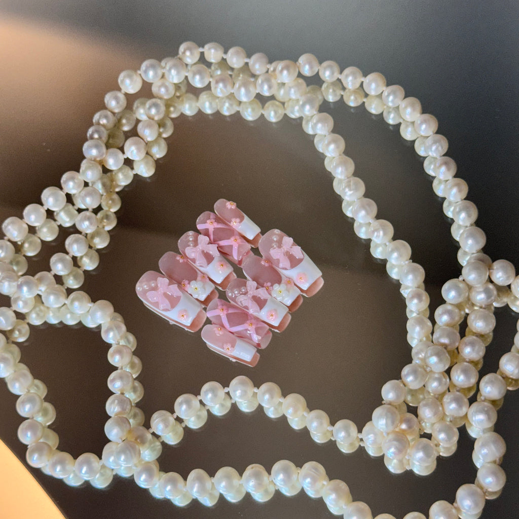 Pink Ribbon & Pearl Nail Set – Cute Bow Press-On Nails