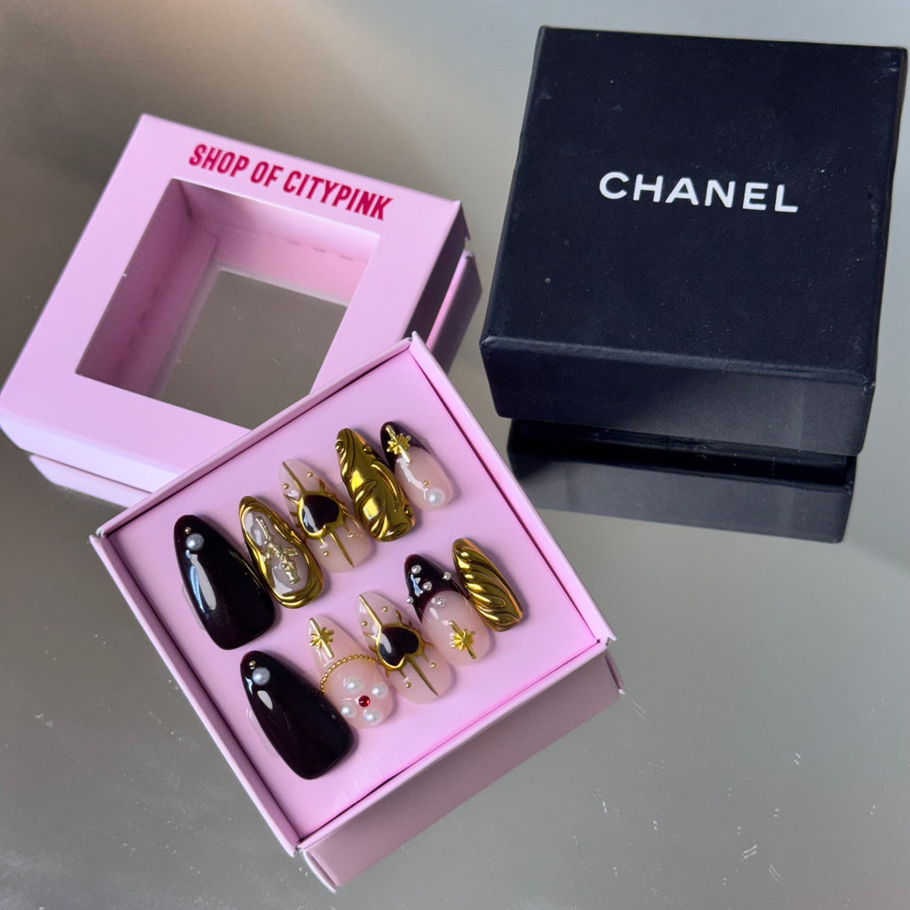 Royal Burgundy & Gold Nail Set – Luxury Press-On Nails with Pearl Accents