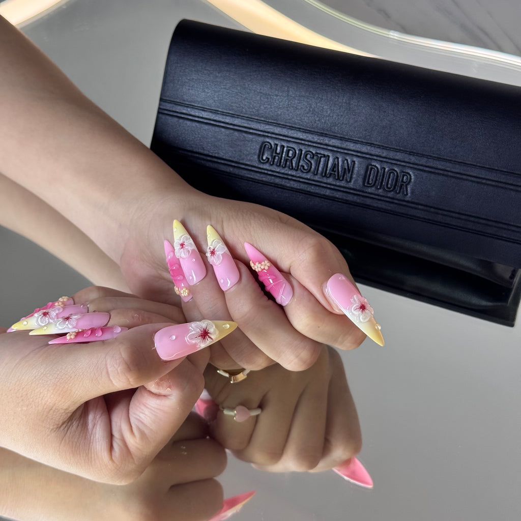 Tropical Blossom Press-On Nails – Pink & Yellow Ombre with 3D Flowers