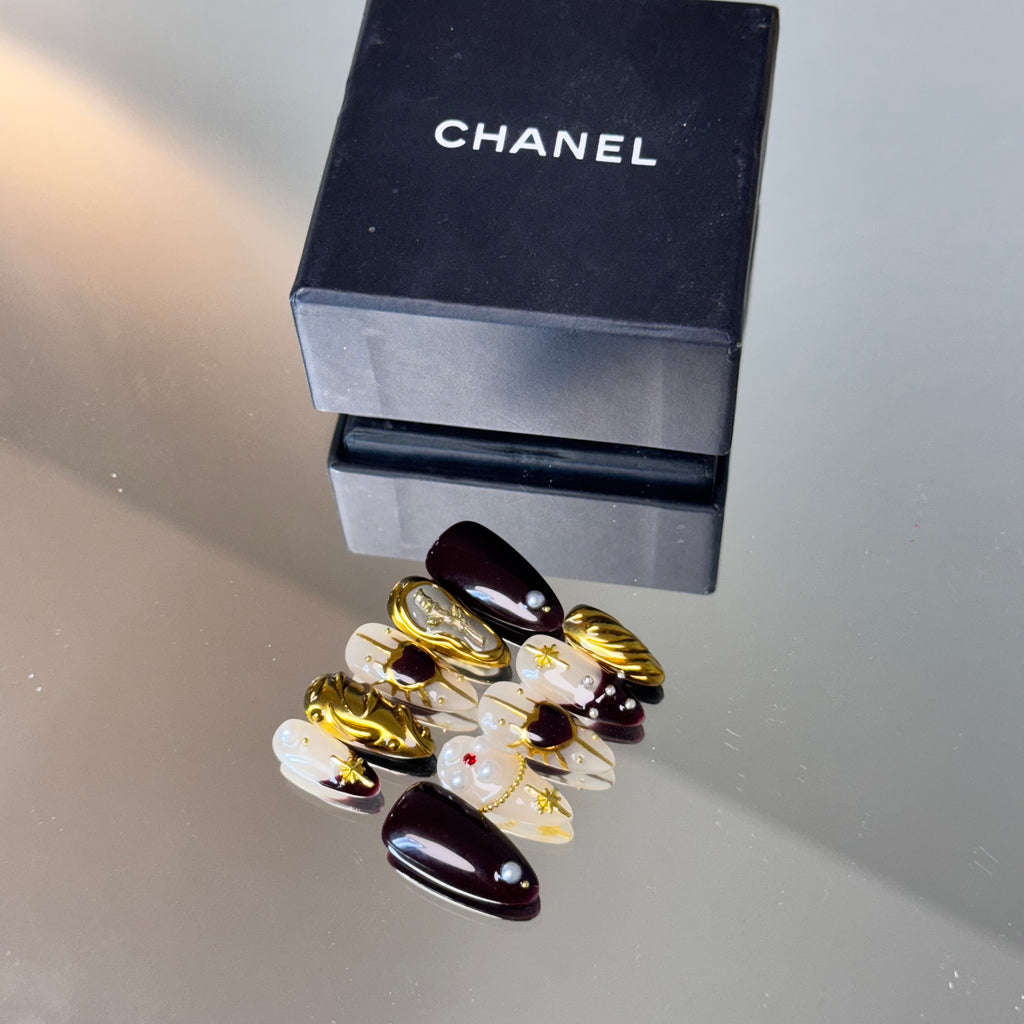 Royal Burgundy & Gold Nail Set – Luxury Press-On Nails with Pearl Accents
