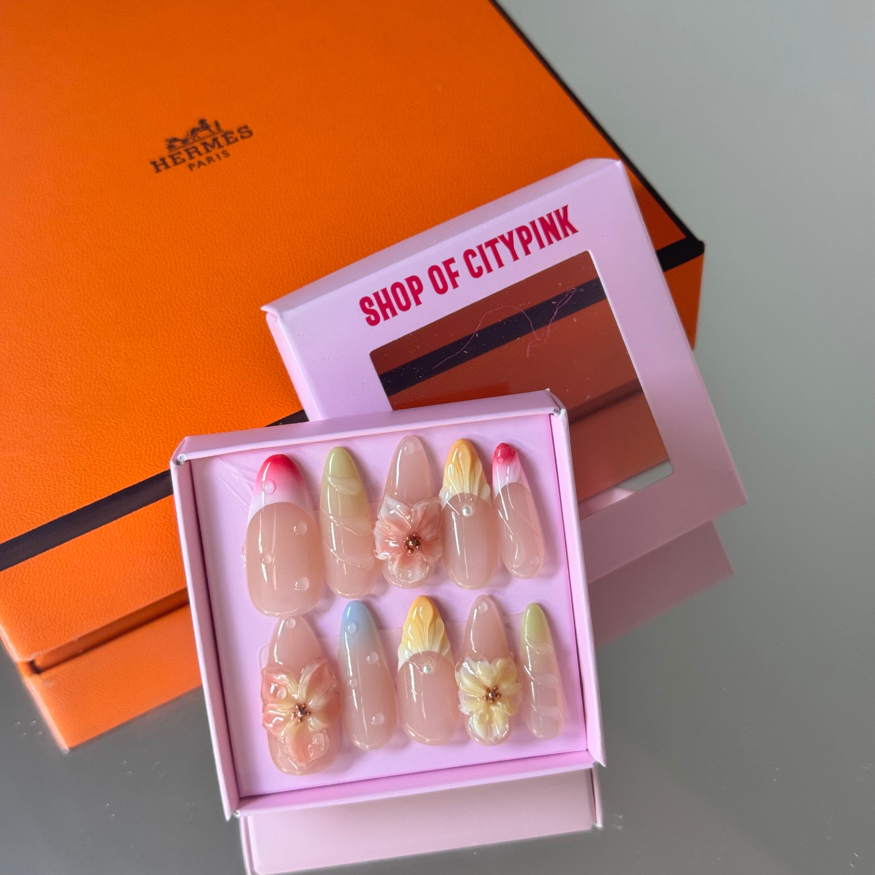 Pastel Blossom Press-On Nails – Nude & Yellow with 3D Floral Accents