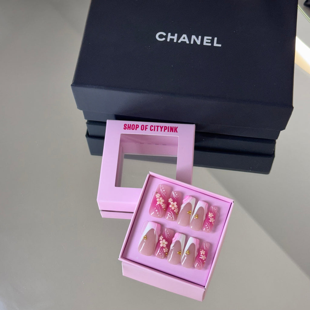 Elegant Pink Blossom French 3D Press-On Nails