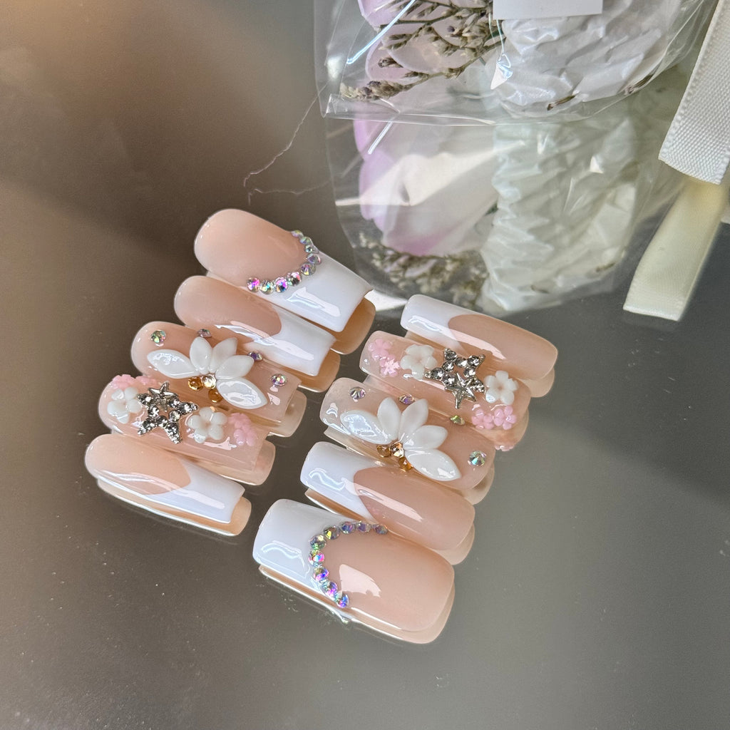 Bridal Floral French Nail Set – Nude Pink Press-On Nails with 3D Flowers & Rhinestones