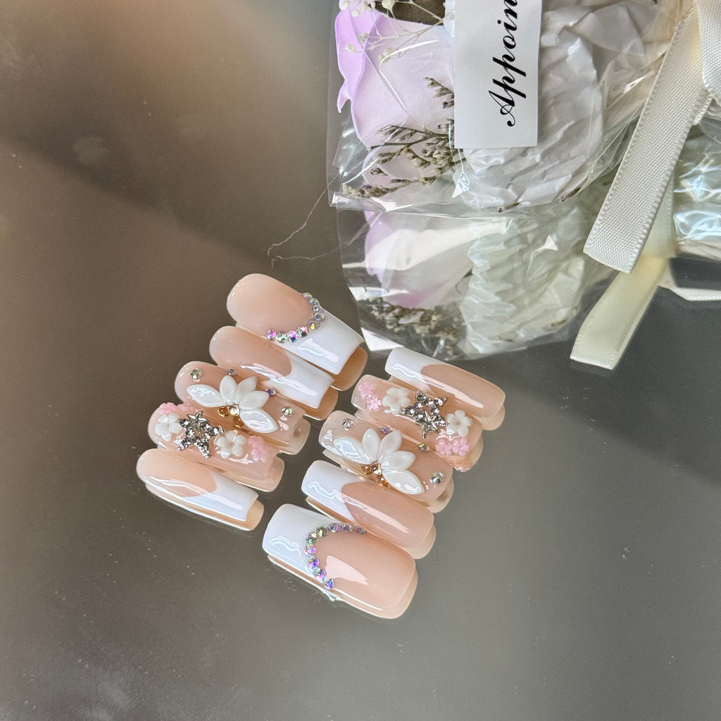 Bridal Floral French Nail Set – Nude Pink Press-On Nails with 3D Flowers & Rhinestones