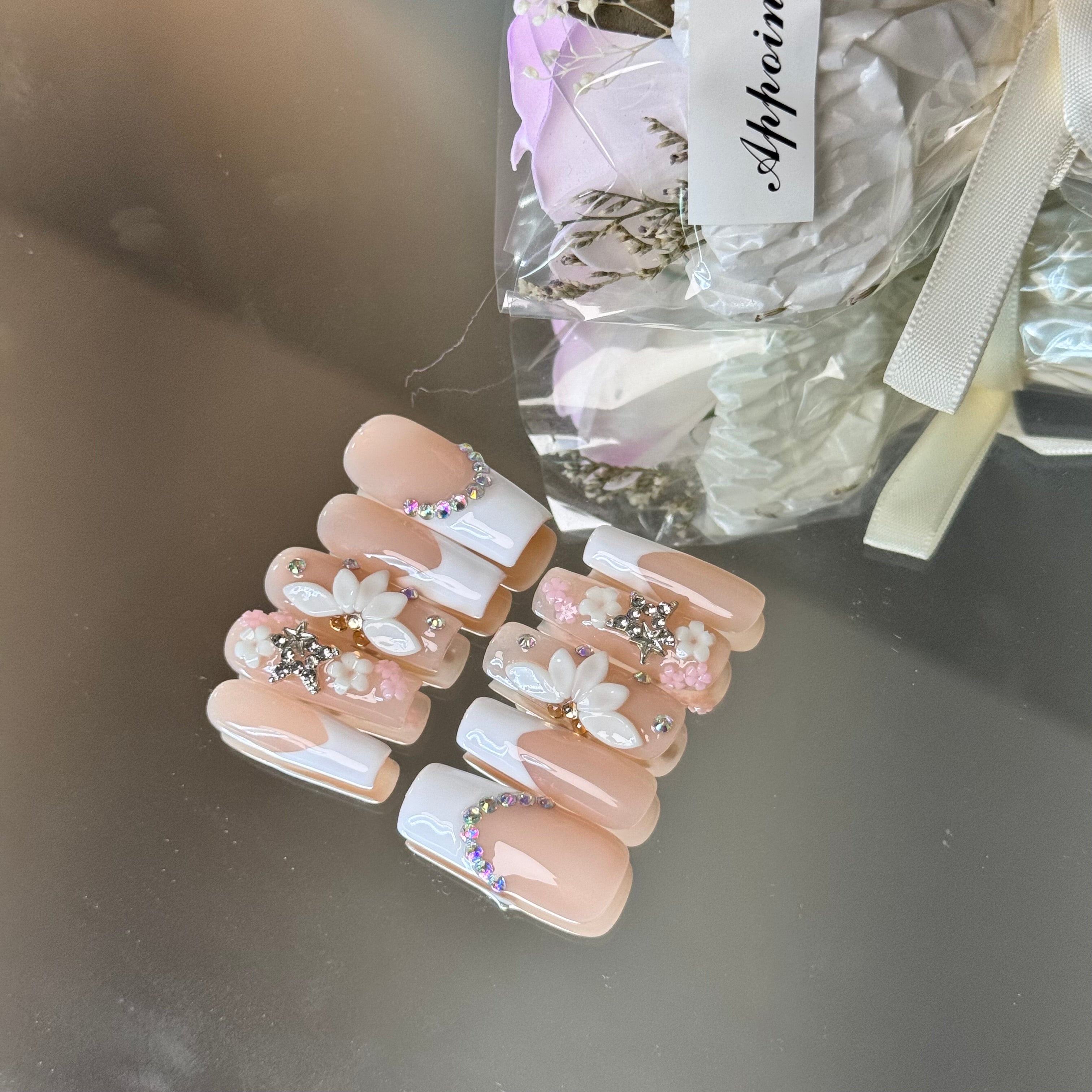 Bridal Floral French Nail Set – Nude Pink Press-On Nails with 3D Flowers & Rhinestones