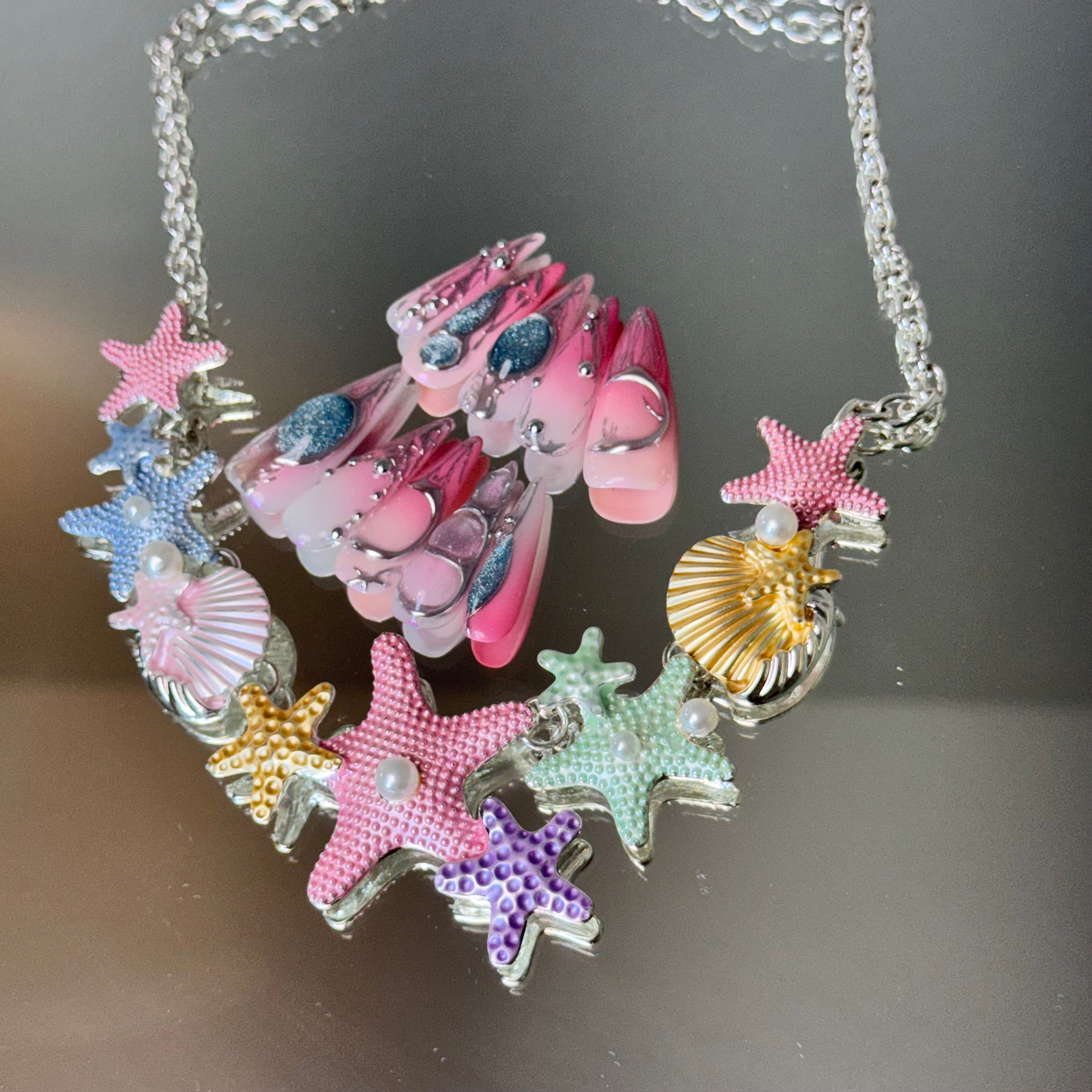 Mermaid Pink Chrome Nail Set – Ocean-Inspired Long Stiletto Press-On Nails