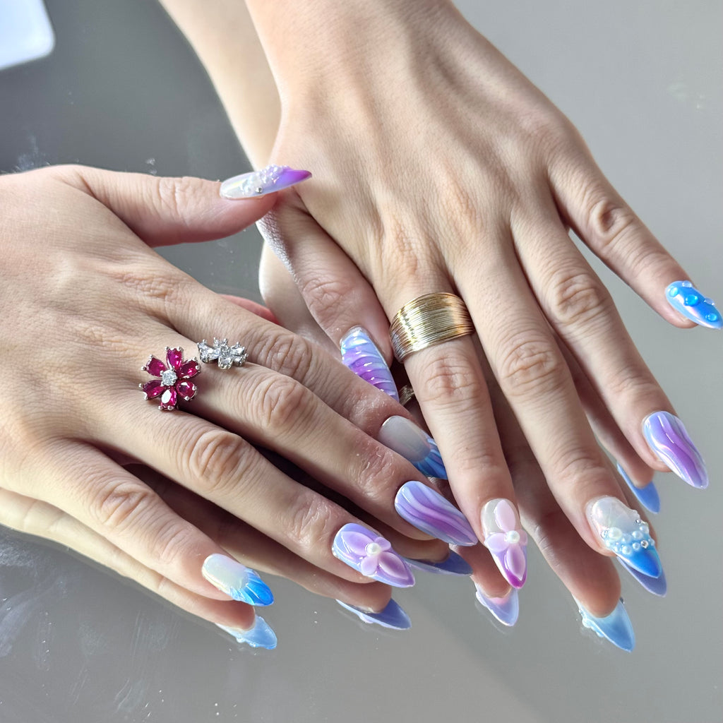 Aurora Ocean Press-On Nails – 3D Flower & Pearl Design