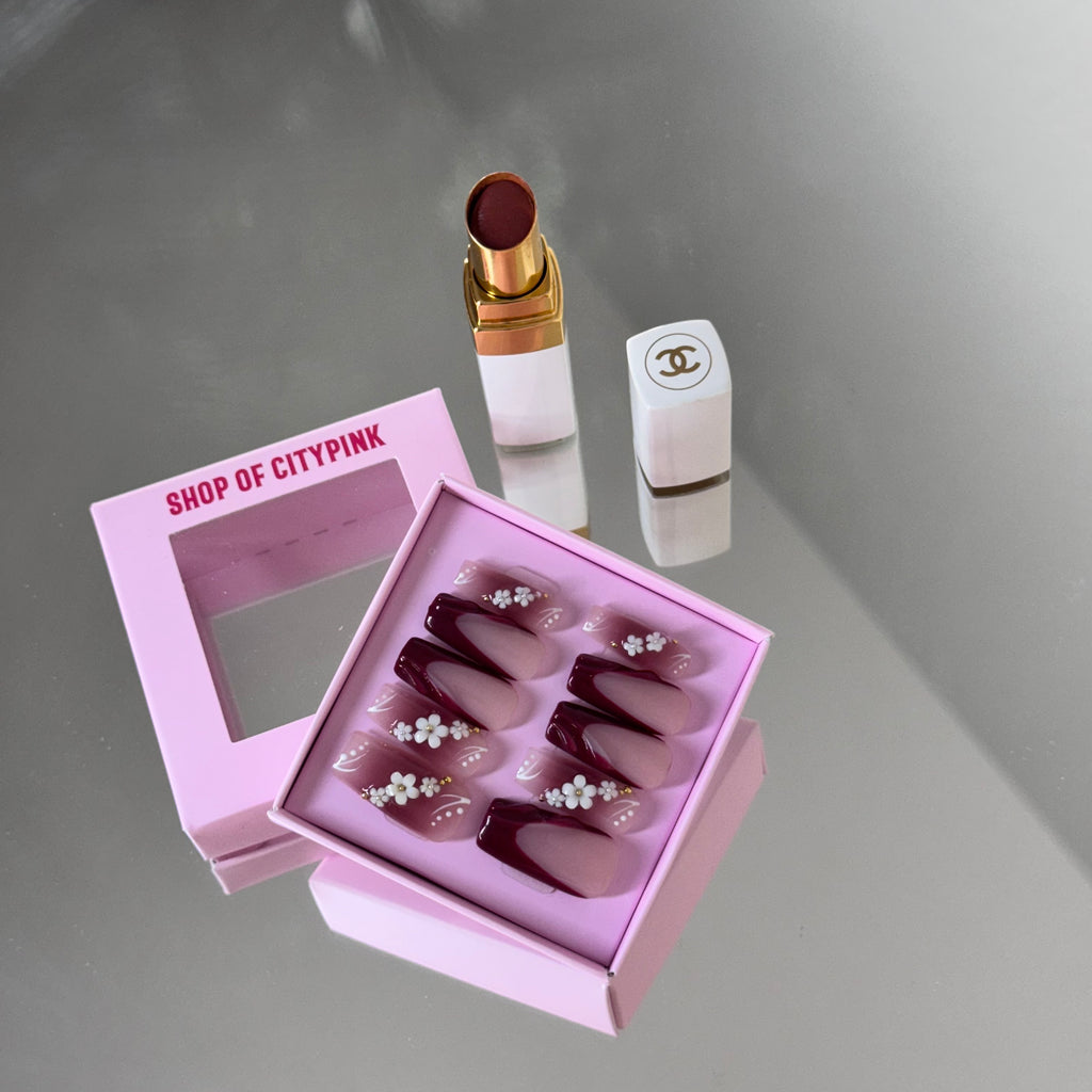 Wine Red Blossom Gradient Press-On Nails