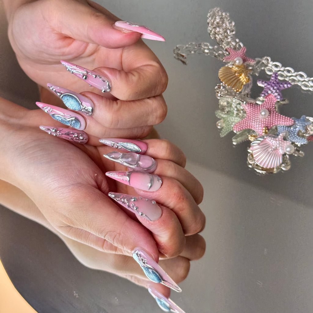 Mermaid Pink Chrome Nail Set – Ocean-Inspired Long Stiletto Press-On Nails
