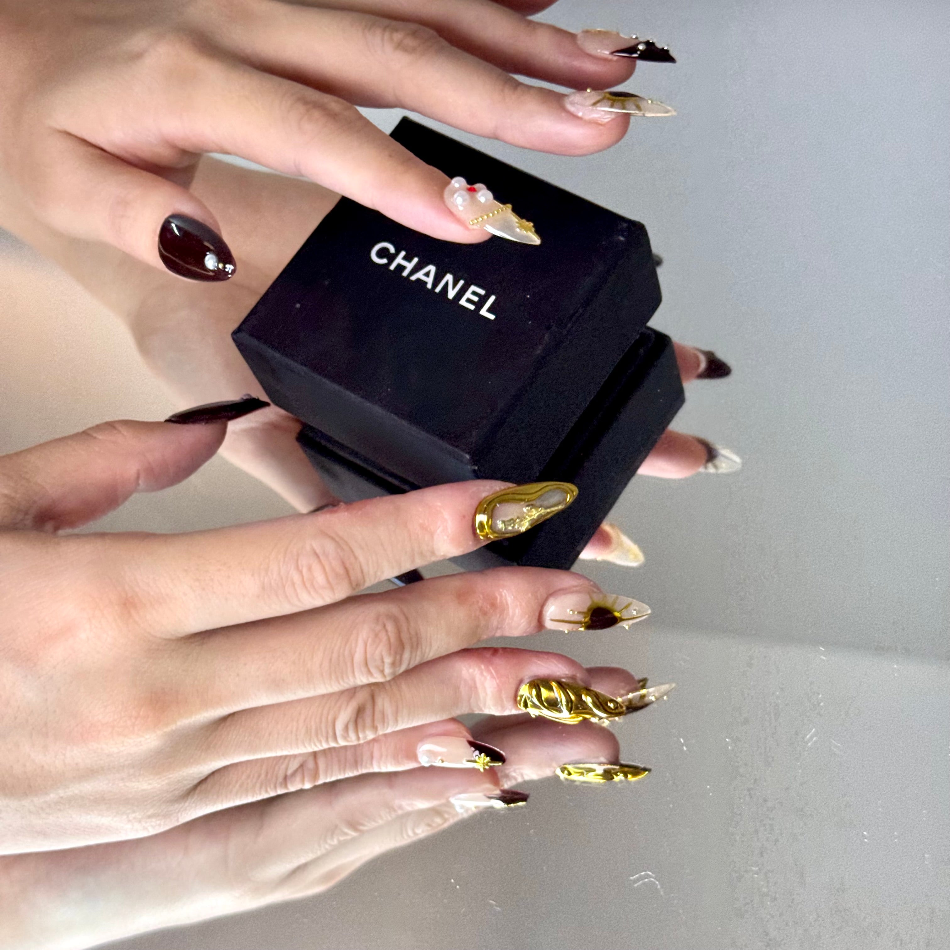 Royal Burgundy & Gold Nail Set – Luxury Press-On Nails with Pearl Accents