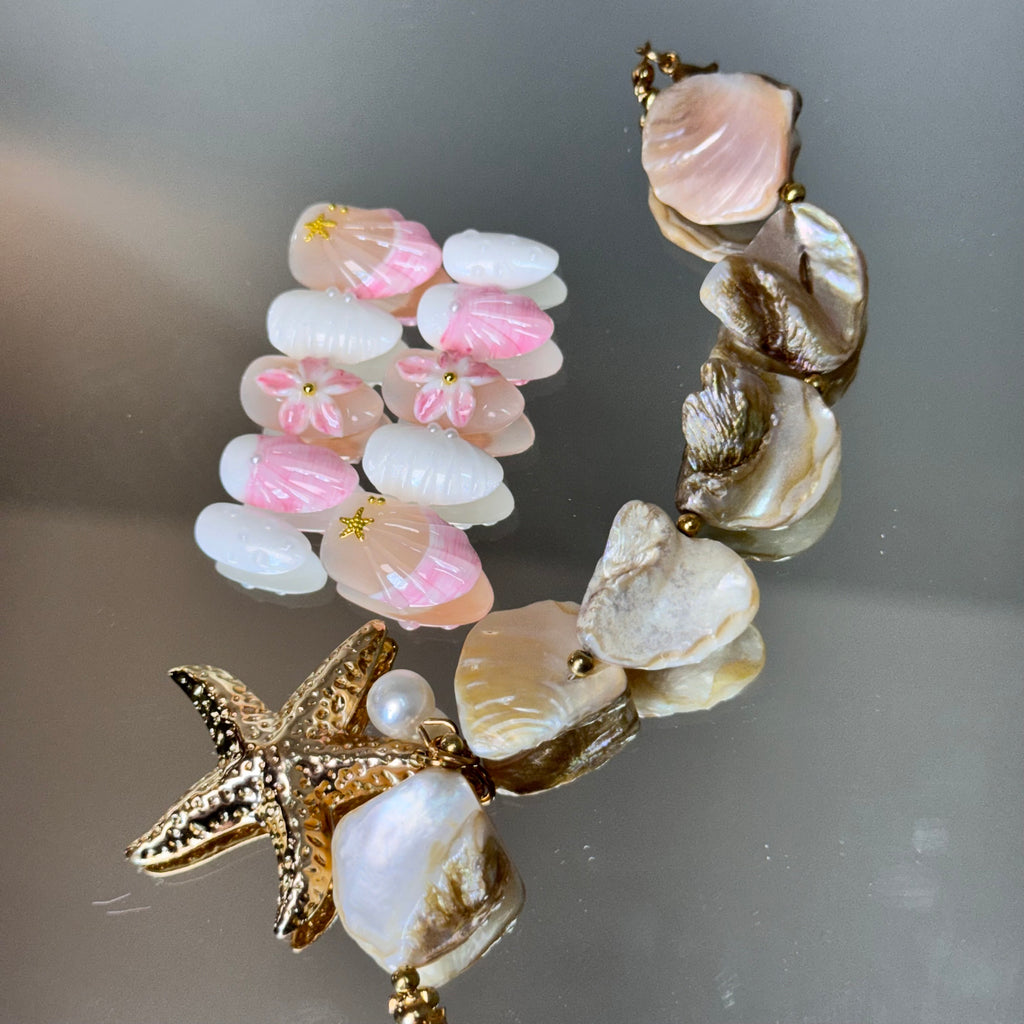 Seashell Pink & White Nail Set – Beach-Inspired Press-On Nails with 3D Flowers