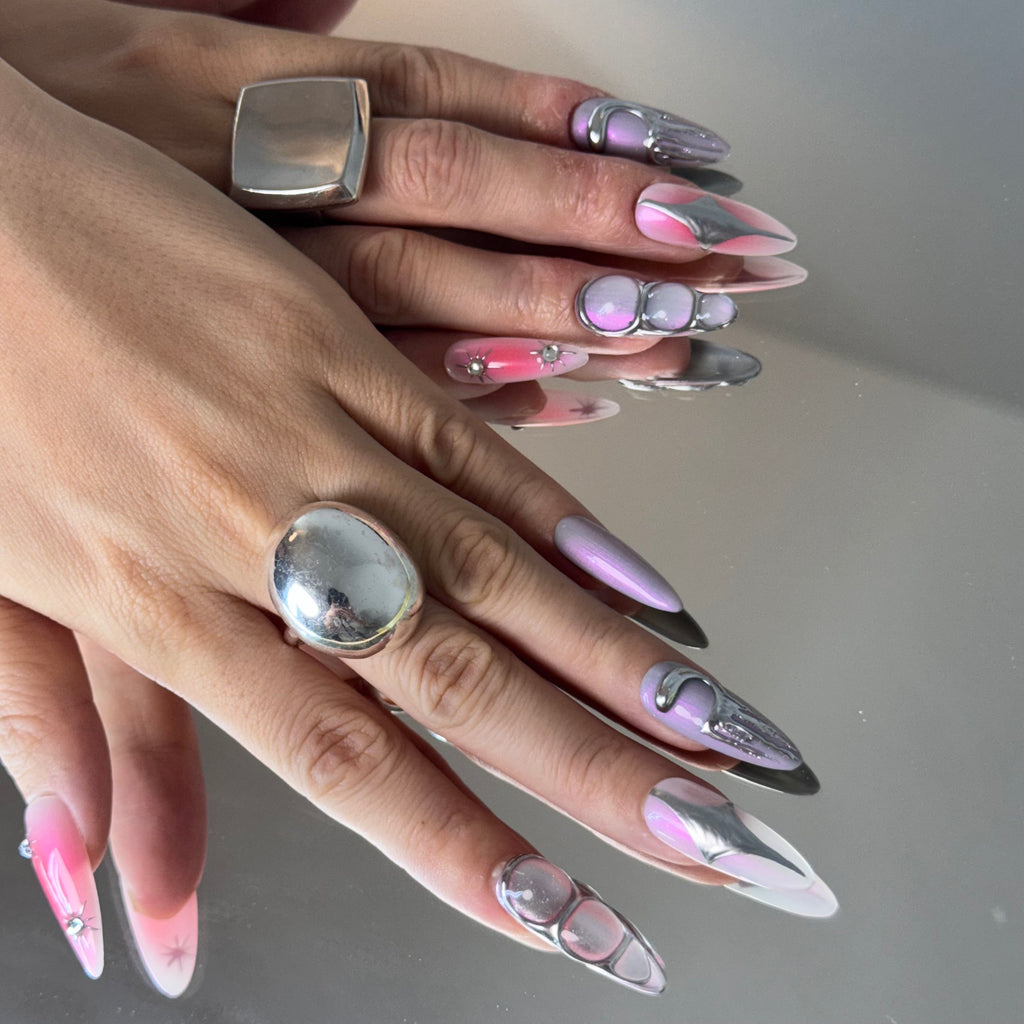 Holographic Chrome Nail Set – Pink & Purple Galaxy Press-On Nails