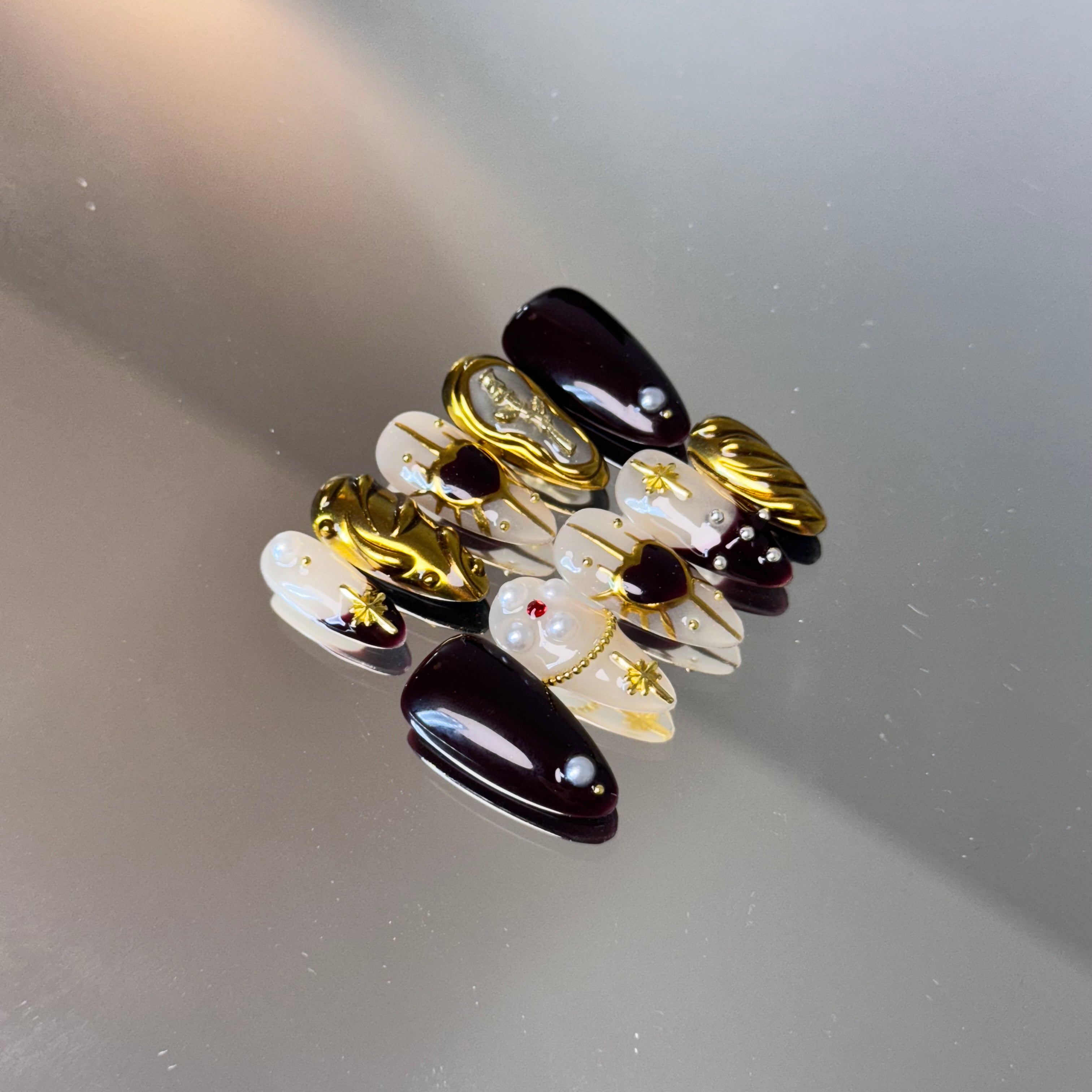 Royal Burgundy & Gold Nail Set – Luxury Press-On Nails with Pearl Accents